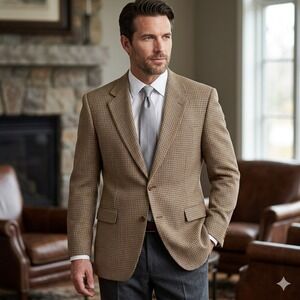 Brooks Brothers Blazer Mens 42L Tan Wool Houndstooth Windowpane Italy Vintage